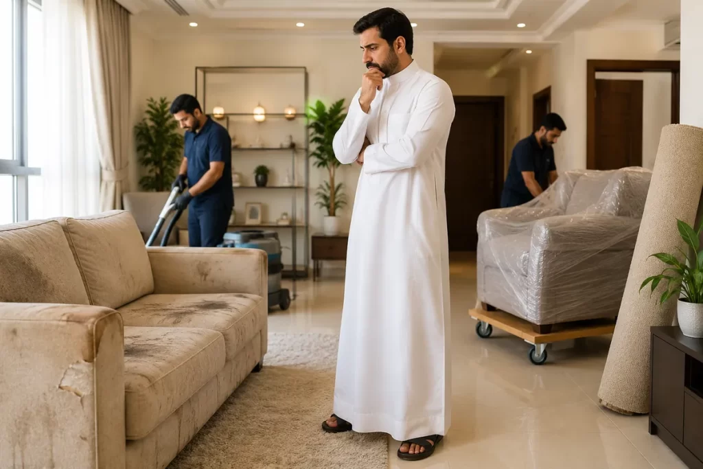 رجل يفكر في تنظيف كنبة قديمة أو استبدالها، بينما يقوم عامل بتنظيف الأثاث وآخر يجهز قطعة أثاث للنقل داخل منزل حديث في الكويت.